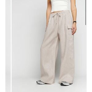 Reformation Ethan 100% Linen Wide Leg Cargo Pants Drawstring Oatmeal Womens $198